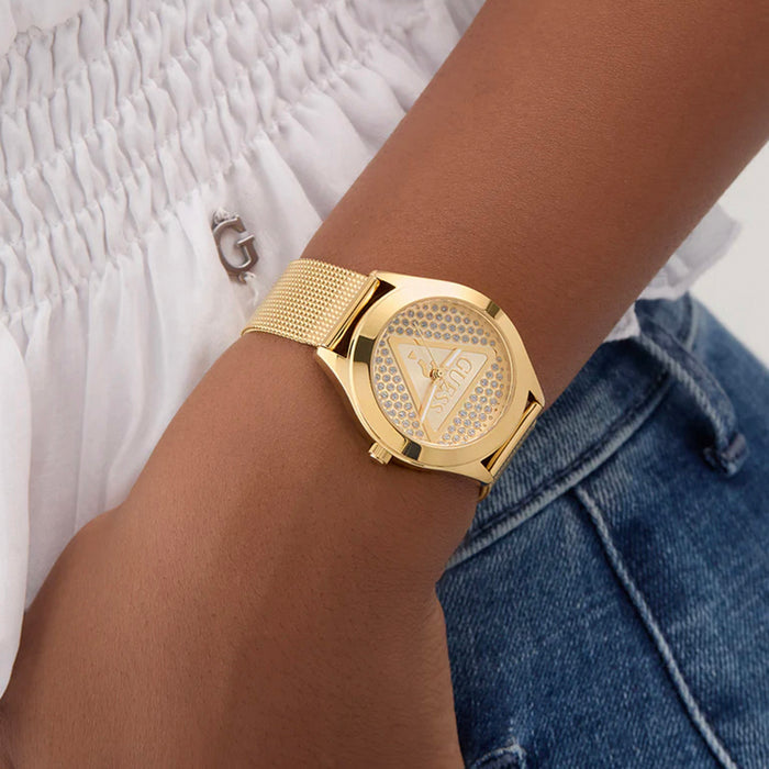 Gt Glitz Plaque Women Quartz Champagne Dial Analog Stainless Steel Watch Gw0835L2